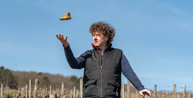 Philippe Pacalet lançant un morceau de roche dans les vignes, photographie publiée par Le Figaro Vin